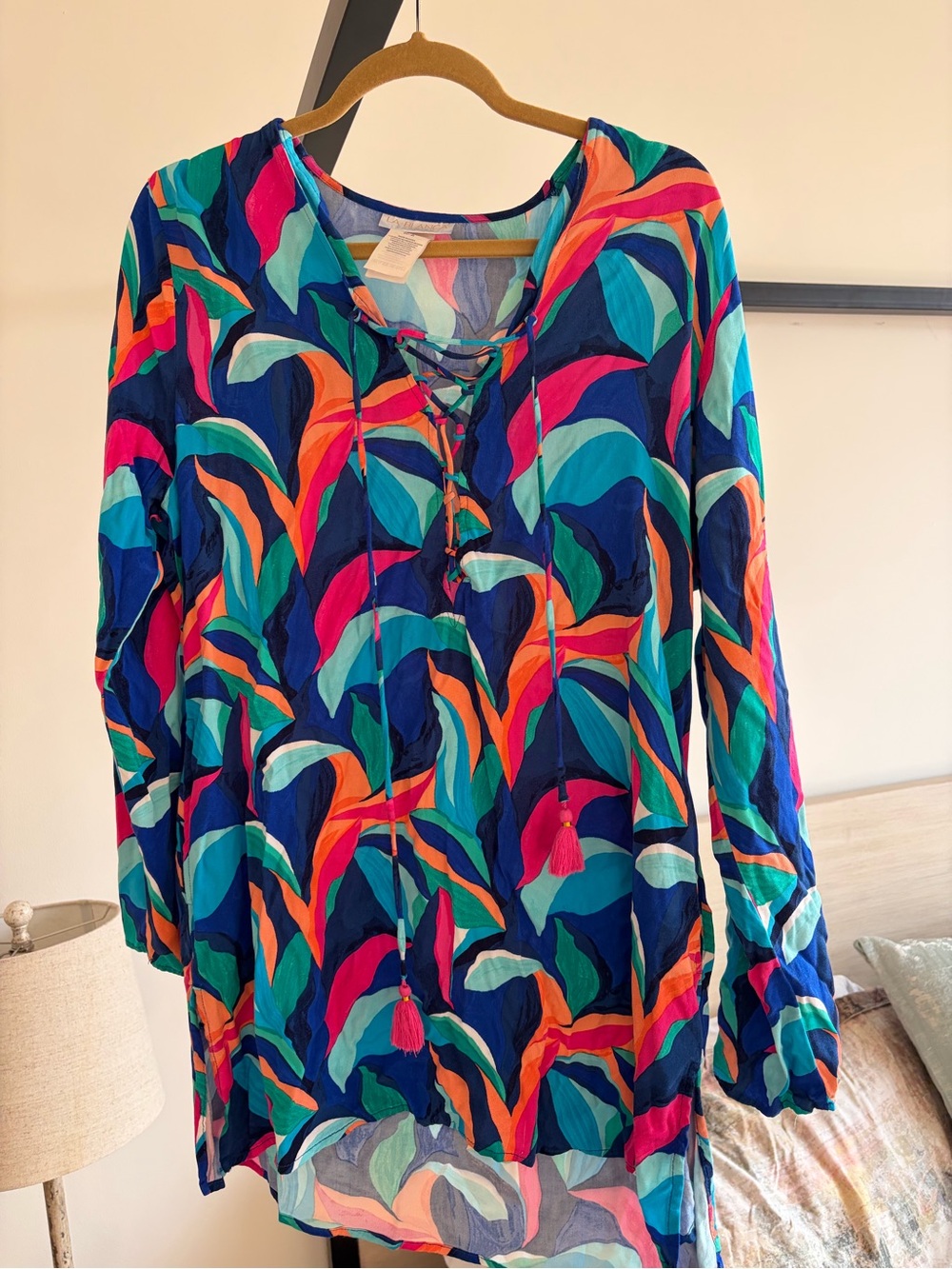 La Blanca Multicolor Lace-Up V-Neck Tunic in Blue, Teal, Pink & Orange